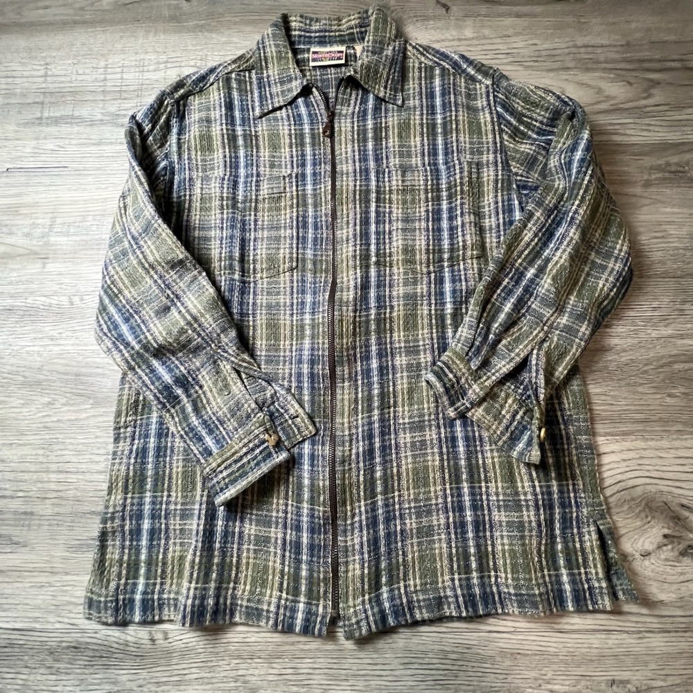 Northcrest Zip Up Flannel Mens Small Green Blue Plaid Cotton Shacket Jacket M63